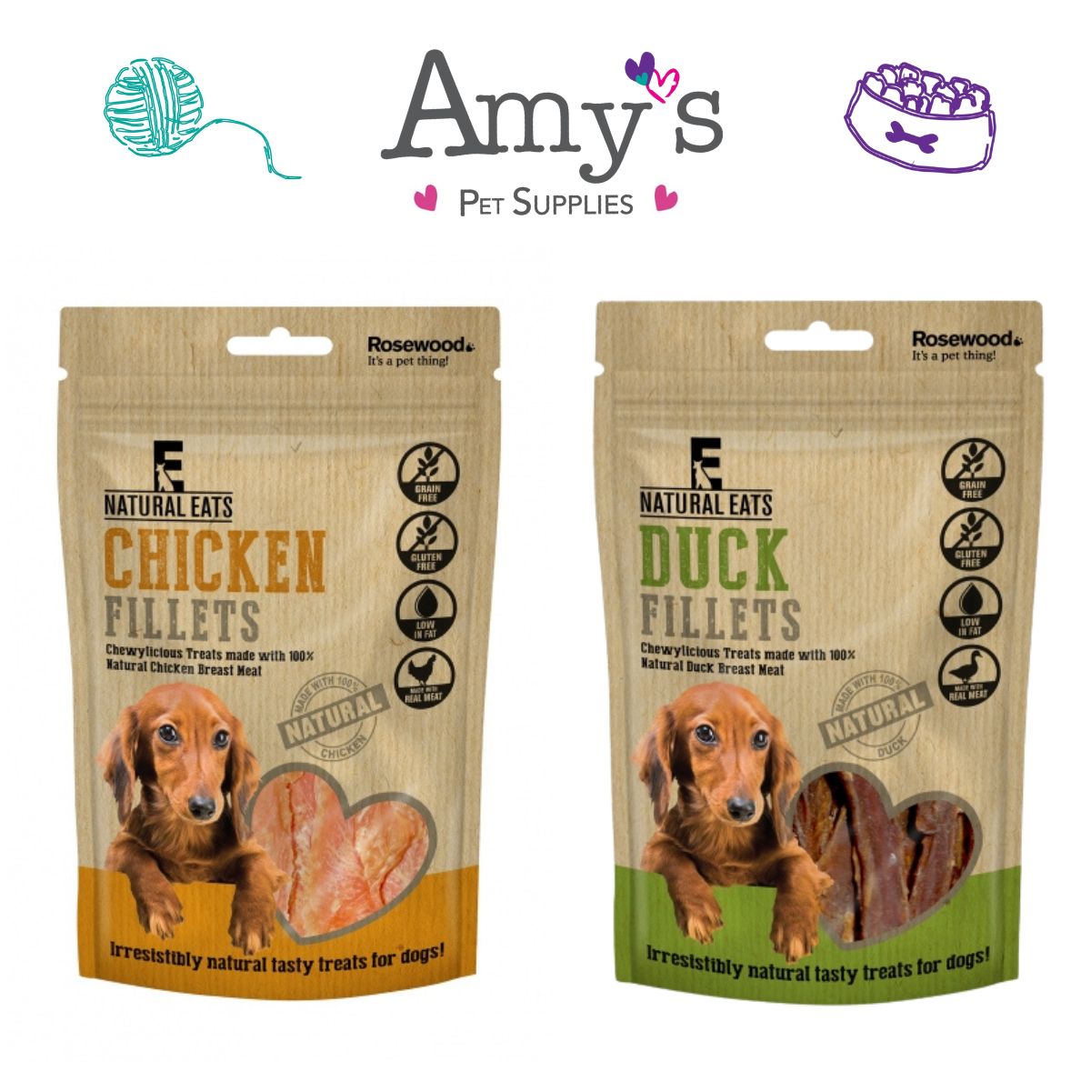 Natural Eats Meat Fillet Dog Treats in Duck or Chicken