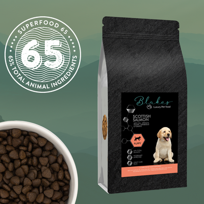  "Blake’s Luxury Pet Food Superfood 65 Puppy Recipe – high-protein, superfood-enriched, slow-cooked grain-free nutrition for growing puppies."