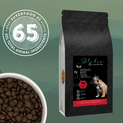  "Blake’s Luxury Pet Food Superfood 65 Small Breed Recipe – slow-cooked, protein-rich, superfood-infused grain-free dog food with collagen for joint and skin health."