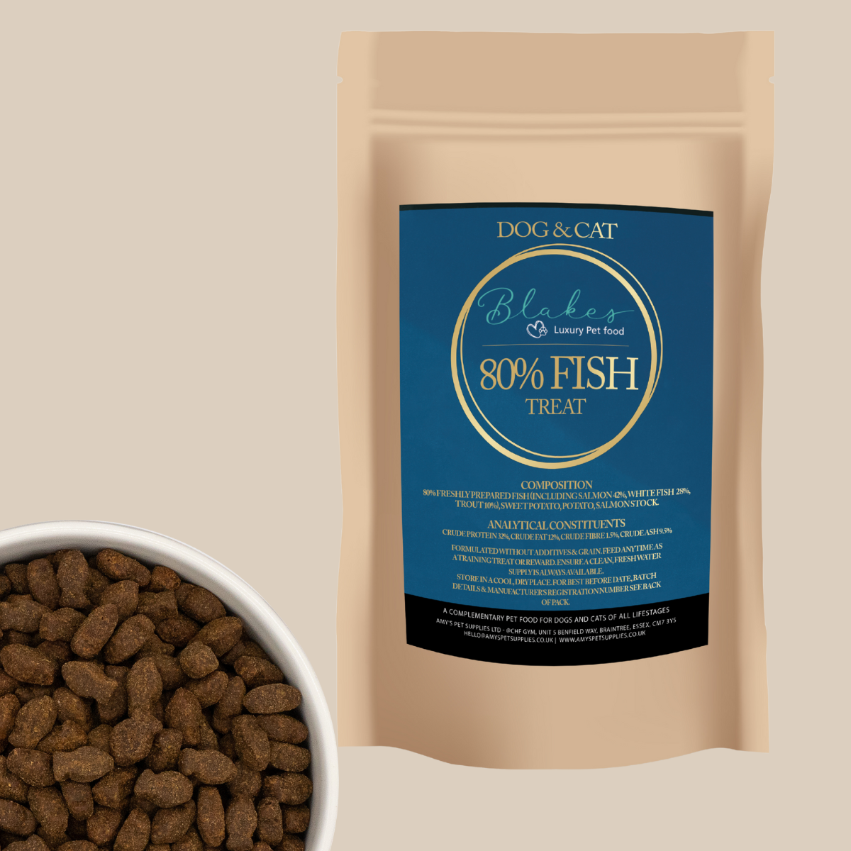 Blake’s Luxury Pet Food Fish Treats displayed in a bowl on a beige background – grain-free, high-protein training treats for cats and dogs."