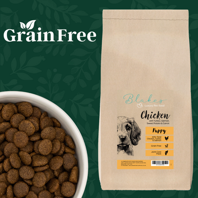  "Blake’s Luxury Pet Food Grain-Free Puppy Food – high-protein, joint-supporting, and Omega-3 enriched nutrition for growing puppies."