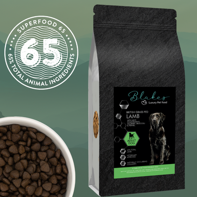  "Blake’s Luxury Pet Food Superfood 65 Adult Variety – slow-cooked, protein-rich, superfood-infused grain-free dog food with premium fresh meats and fish."
